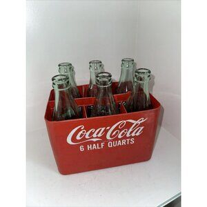 Coca Cola advertising Six Pack 6.5 Mini Bottles in Red Plastic Case Handle Broke